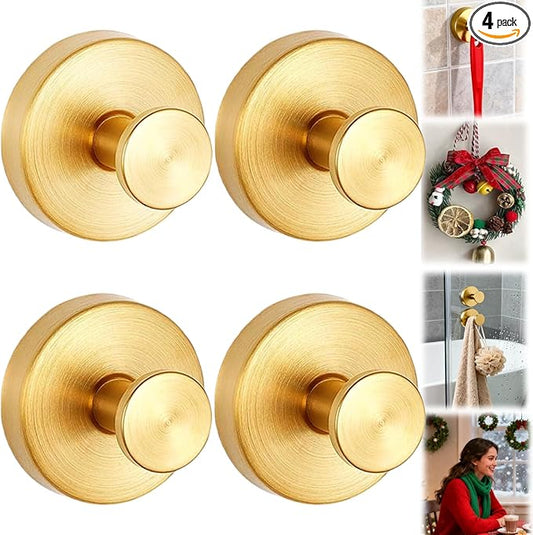 Suction Cup Hooks Removable Shower Hooks, 4Pcs Metal Towel Hooks for Bathroom Window Glass Wall Door Can Hang Various Towels Bath Towels Keychains, Gold Front Door Wreath Hanger, No-Drill Waterproof