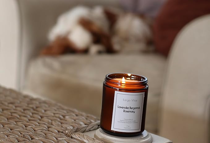 Lavender, Bergamot, Rosemary Coconut Wax Candle Non Toxic Aromatherapy Candle with Essential & Prime Rated Natural Fragrance Oils, Clean Burning Amber Jar Candle, 7 oz Small Batch