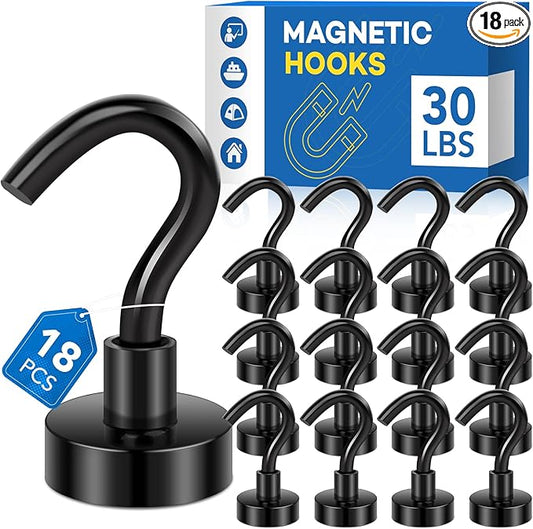 LOVIMAG Magnetic Hooks，30Lbs Black Magnet Hooks for Cruise Cabin, Magnetic Hooks for Hanging, Fridge, Classroom, Refrigerator, Ceiling, Office, Kitchen. Grill, Garage-18Pack