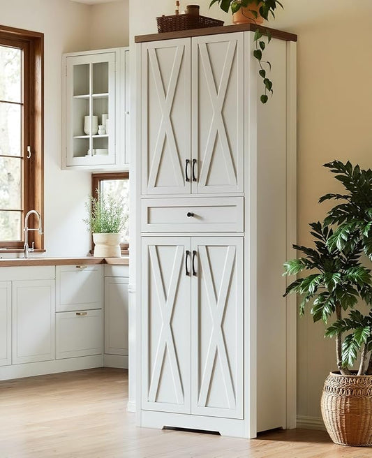 Lyromix 68'' Farmhouse Kitchen Pantry Cabinet with Adjustable Shelves, Tall Storage Cabinet with Barn Doors, Freestanding Versatile Cupboard for Dining Room, White+Walnut