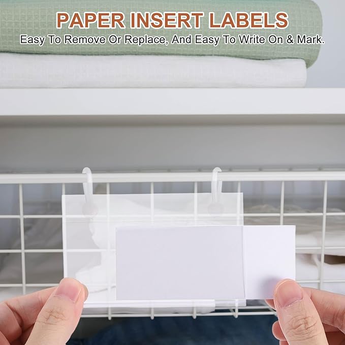 PATIKIL 3.5" x 2.2" Basket Labels Holders, 30 Pack Reusable Plastic Wire Shelf Label Holder Tag Display Clip with Button Lock with Paper Inserts Pens for Home Market Store, Clear