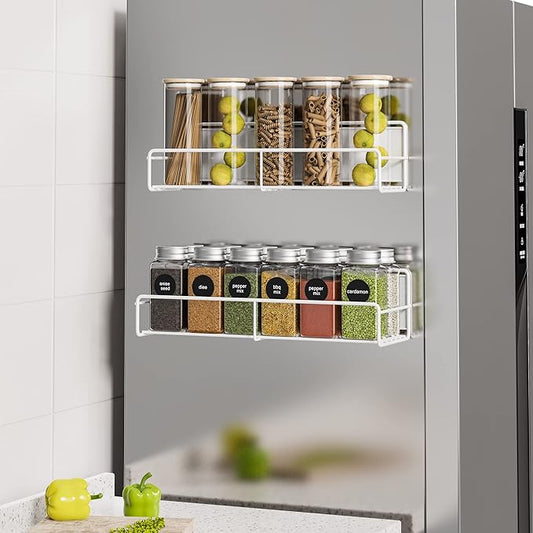 2 Pack White Magnetic Spice Rack Organizer, Space Saver for Refrigerator and Whiteboard, Metal Fridge Shelf for Kitchen and Classroom