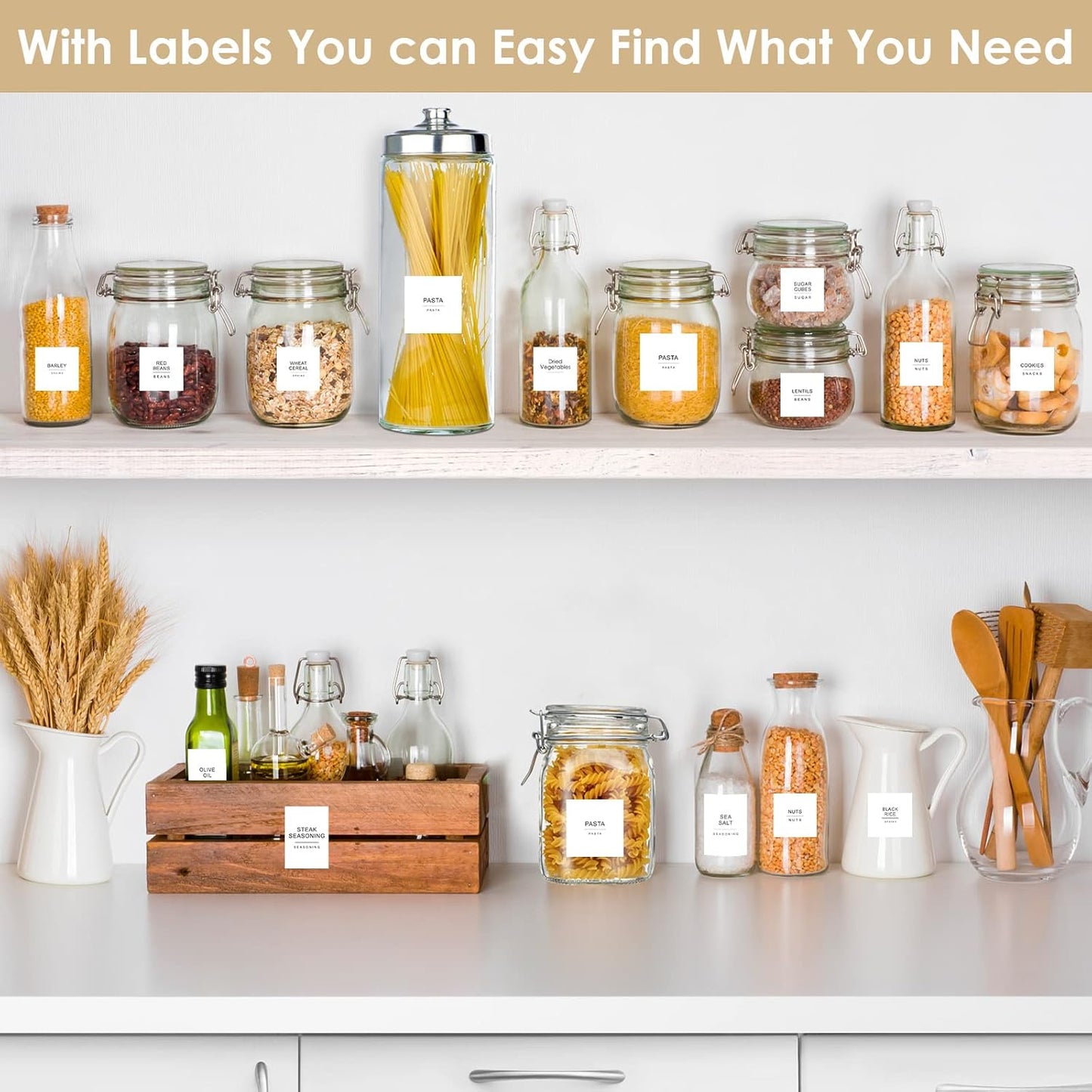 Pantry Label Stickers — 434 Pcs Waterproof, 3 Sizes + 31 DIY Blank Labels