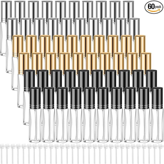 Domensi 60 Pcs 10/20/30 ml Perfume Travel Refillable Bottles Glass Spray Bottle Perfume Atomizer for Cologne Dispenser Leak-proof Fragrance Bottles Atomizer Pump Bottle Kit (Gold, Silver, Black)