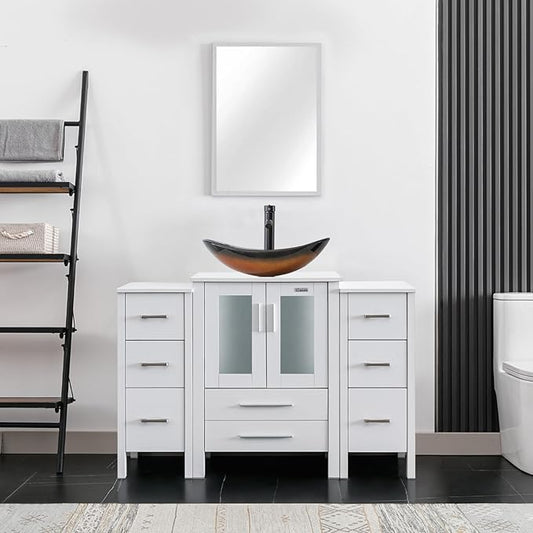 eclife 48" Modern Bathroom Vanity Sink Combo Freestanding Cabinet with Small Side Cabinet, Brown Boat Glass Vessel Sink, Water Save Faucet, Drain (White+A29BR)