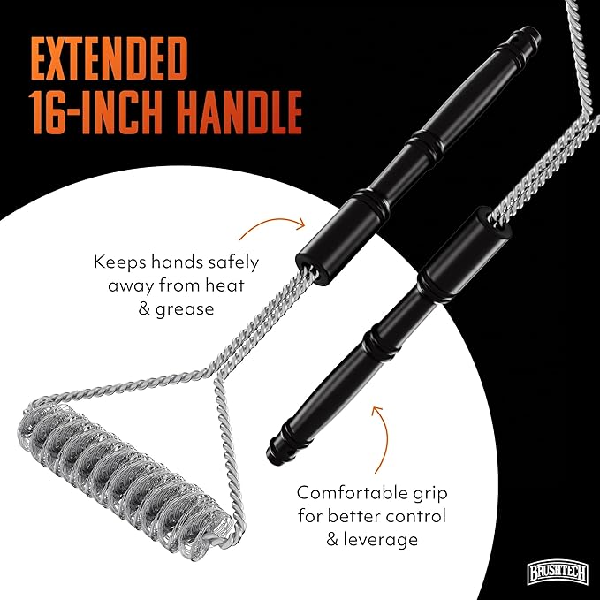 Double Helix Grill Brush, 16″ Flat BBQ Grill Cleaner - Bristle‑Free Coil Springs Clean Tops & Sides - Stainless Steel, Long Reach Handle, Heavy‑Duty BBQ Tool for Gas & Charcoal Grates