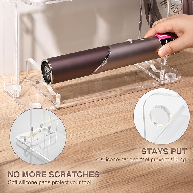 Hair Tool Holder for Dyson Airwrap Attachments, Storage Holder Compatible with Shark FlexStyle FlexFusion, Acrylic Display Rack Countertop Organizer Wall Mount for Hair Stylers, Clear&White