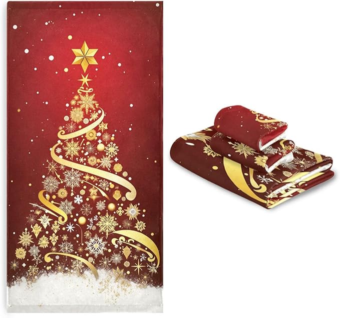 Golden Snowflakes Christmas Tree Forest Towels Set of 3 Winter Red Snowy Christmas Bathroom Towel Soft Absorbent Bath Hand Towels Washcloth Guest Towel Sets Xmas Holiday Decor