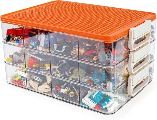 WANLIAN Storage Containers with Building Plate Lid, Acrylic Stack-able Organizer Bin Chest, Brick Toy Storage Organizer with handle, Bin Storage, Storage (Does not include Bricks)