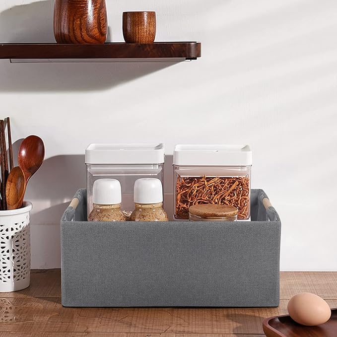 ANMINY 4PCS Storage Baskets for Organizing Collapsible Fabric Storage Bins Boxes with Wood Handles Closet Shelves Cube Organizer Bins Clothes Laundry Storage Container - Small, Gray