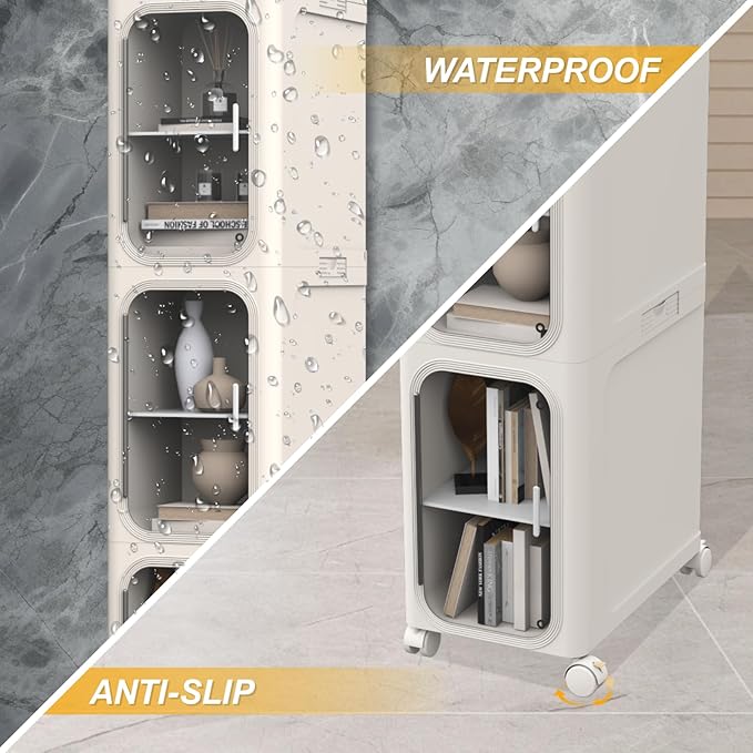 Slim Tall Bathroom Cabinet, Narrow Bathroom Organizer with Doors and Shelves, Movable Skinny Organization for Small Spaces (Beige, 50"x13.39"x8.27")
