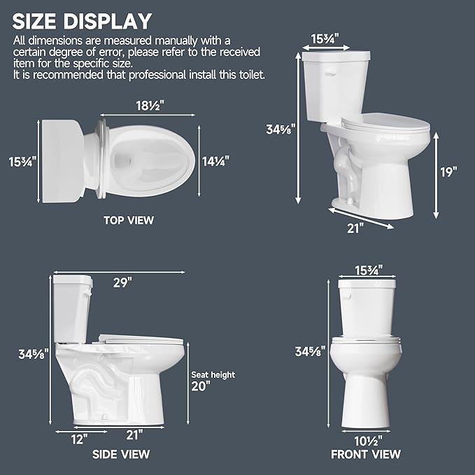 Elongated Tall Toilet 19 Inch for Bathroom 1.28 GPF Tornado Single Flush - Two Piece Comfort ADA High Toilet for Seniors, 19 Inch Bowl Height 20 Inch Seat Height, 12" Rough In, White