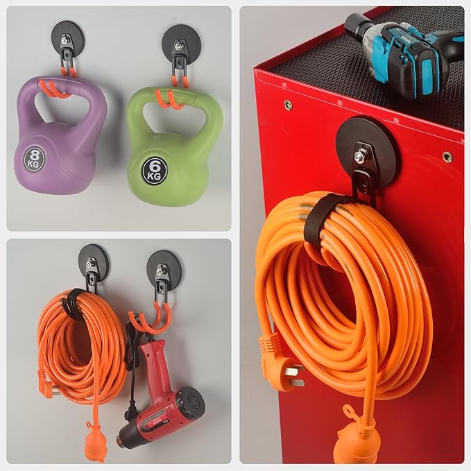 MUTUACTOR New Updated Magnetic Hooks Heavy Duty,40lbs 2Packs Strong Magnetic Hooks for Hanging,Anti-Scratch Rubber Coated Magnets J-Hook for Organizing Heavy Impact Drivers Trailer Cord Garden Tools