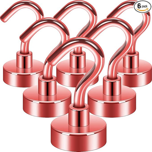 Neosmuk Magnetic Hooks, 30lb+ Heavy Duty Earth Magnets with Hook for Refrigerator, Extra Strong Cruise Hook for Hanging, Magnetic Hanger for Cabins, Grill (Red, Pack of 6)