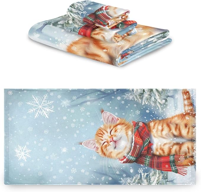 Christmas Winter Towels Set of 3 Cute Cat Wearing Plaid Scarf Bathroom Towel Soft Absorbent Bath Hand Towels Washcloth Guest Towel Sets Xmas Holiday Decor