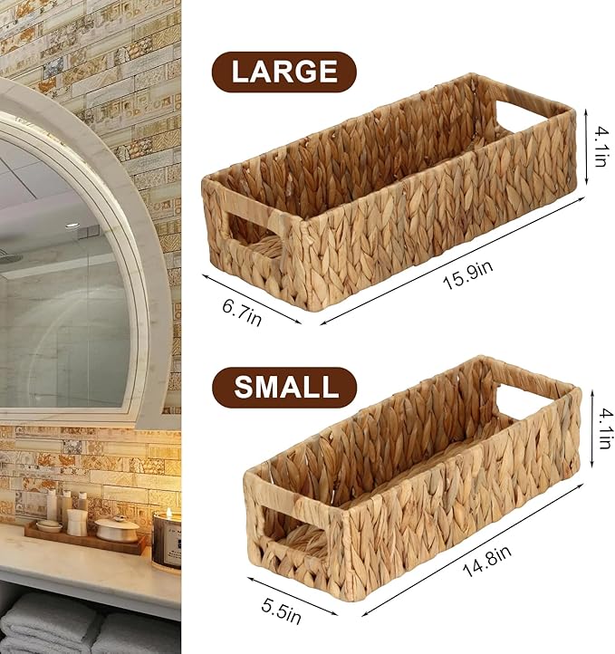 Wicker Storage Basket Nesting Small Wicker Basket, Water Hyacinth Toilet Paper Baskets for Storage, Bathroom Organizer Toilet Paper Holders for Organizing Pantry Bathroom Toilet Tank, 2 Pack