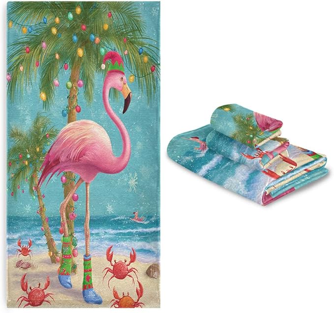 Christmas Winter Towels Set of 3 Christmas Tropical Flamingo Palm Tree Crab Bathroom Towel Soft Absorbent Bath Hand Towels Washcloth Guest Towel Sets Xmas Holiday Decor