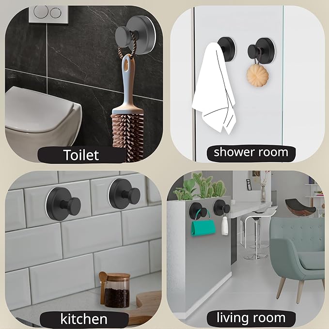 ALAM Suction Cup Hooks 4 Pack – No Drill Heavy Duty Bathroom Towel Hooks, Removable reuseble Stainless Steel Shower Hooks for Kitchen, Glass, Door, Bathrobe & Coat