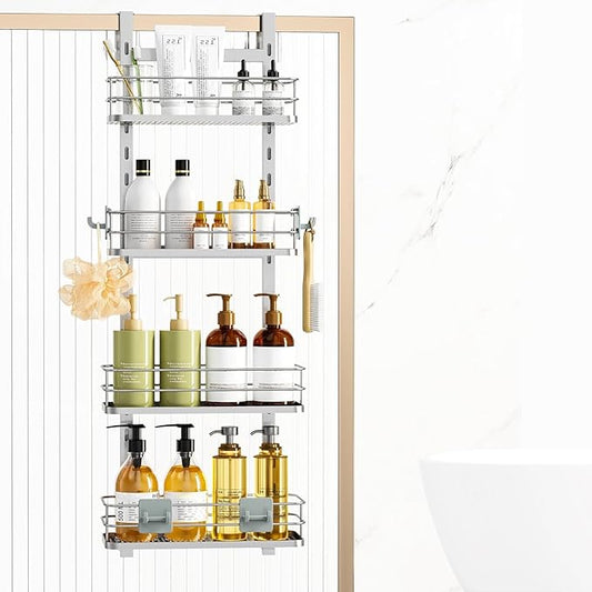 Orimade Adjustable Hanging Over the Shower Door Caddy,Bathroom Organizer Shelf Storage with 4 Hooks for Razor,No Drilling Rustproof Shower Rack Basket, 4 Tier, Silver