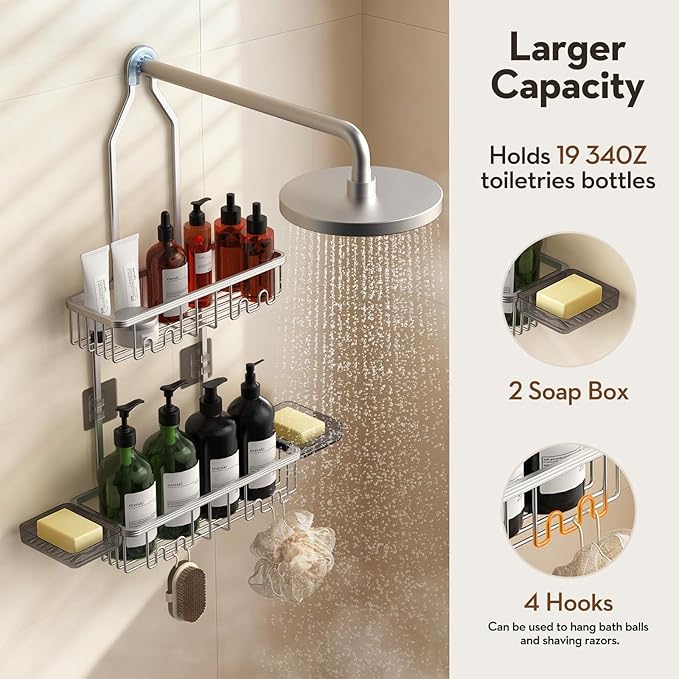 Shower Caddy Hanging, Shower Organizer Hanging, Aluminum Shower Racks for Inside Shower with Hooks for Razor, Never Rust Bathroom Organizers and Storage with Soap Holder, Bright Silver
