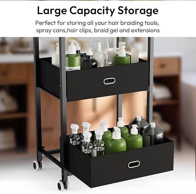 Portable Braiding Hair Rack with Wheels & Storage Drawers,168 Pegs Hair Extension Holder Hanger for Braiding Hair Separator Stand Display,Hair Rack with Stylist Hair braiding Tools(Black)