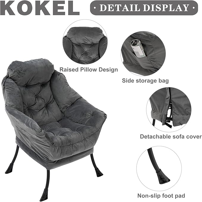 Kokel Lazy Chair with Folding Ottoman,Living Room Chairs, Accent Contemporary Lounge Chair, Single Steel Frame Leisure Sofa Chair with Armrests and A Side Pocket (Dark Gray)