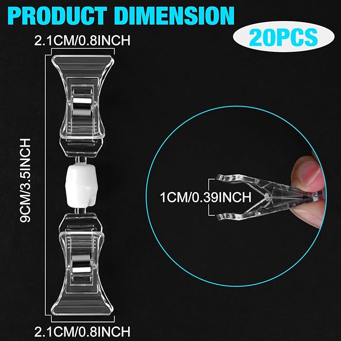 Clear Merchandise Display Sign Clips - 20 Pack Plastic Label Pop Holder for Shelf, Double Sided Swivel Price Tag on Clothing Rack, Rotatable Menu Clips for Retail Sale Display