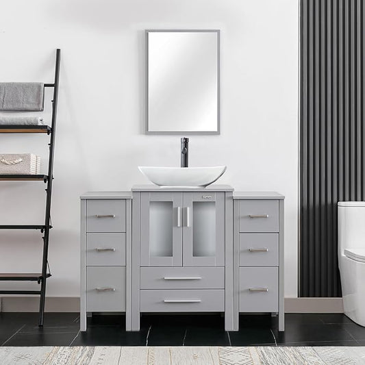 eclife 48" Modern Bathroom Vanity Sink Combo Freestanding Cabinet with Small Side Cabinet, White Curved Ceramic Vessel Sink, Water Save Faucet, Drain (Gray+T32)