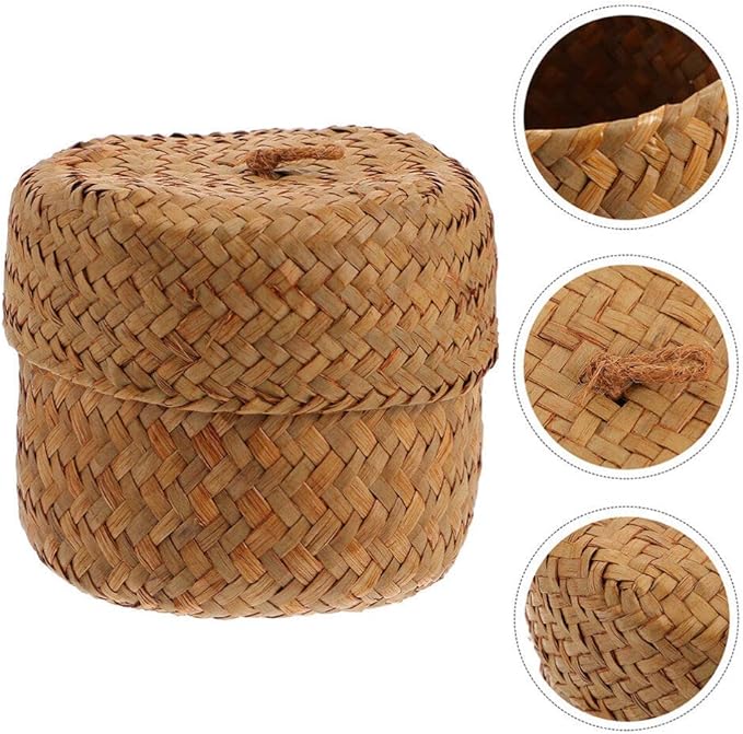 Ciieeo 2Pcs Seagrass Mini Basket with Lid Round Seagrass Storage Basket Handmade Woven Flower Mini Packing Box for Home Shelf Decor Wood Color
