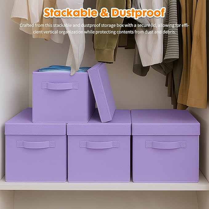 ShellKingdom Storage Bins, Foldable Fabric Storage Cubes with Lid, Clothes Storage Organizer Drawer For Closet Toys Storage, 13 X 13 X 13 INCH, 2 Pack (Lavender)