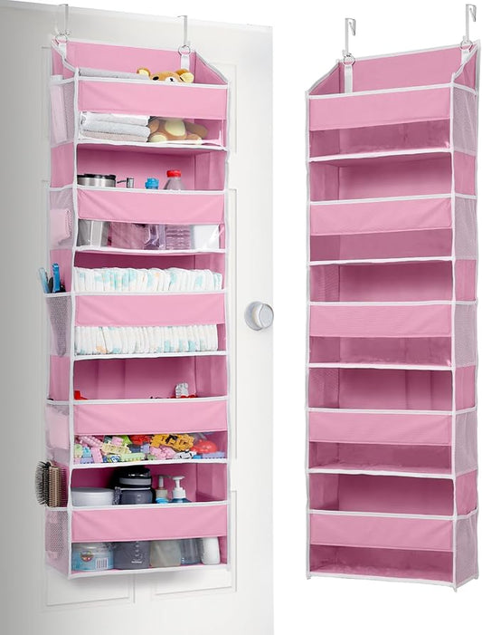 1 Pack Over Door Organizer with 5 Large Pockets 10 Mesh Side Pockets, 44 lbs Weight Capacity Hanging Storage Organizer with Clear Window Kids Toys, Shoes, Diapers, Pink