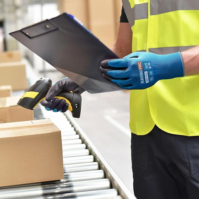 Work Gloves PU Coated for Men and Women, 12 Pairs Safety Work Gloves with Two Fingers Touchscreen, Breathable and Lightweight,Ideal for Light Warehouse, Manufacturing, Gardening, KG12P (2XL, Blue)