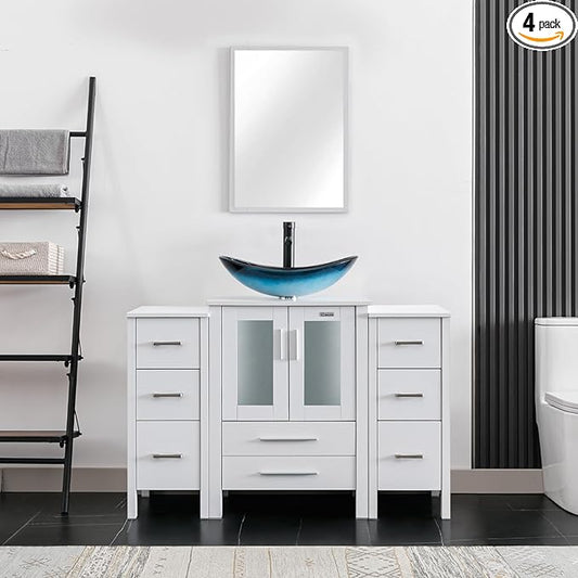 eclife 48" Modern Bathroom Vanity Sink Combo Freestanding Cabinet with Small Side Cabinet, Blue Boat Glass Vessel Sink, Water Save Faucet, Drain (White+A29BU)