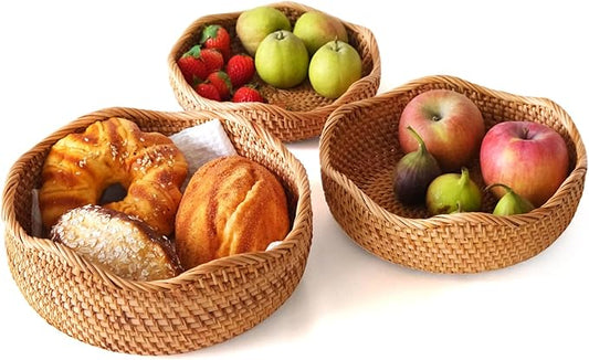 Rattan Bread Baskets Set of 3, Round Woven Serving Basket Bowls, Natural Wicker Storage Basket Key Holders Stackable for Kitchen Counter Organizing, Decorative Baskets for Snack, Fruit, Vegetable