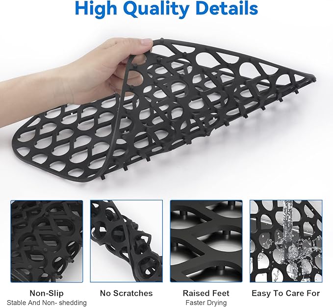Kitchen Sink Mats,1Pcs TOOVEM 13.6"x11.6" Kitchen Sink Protector Grid for Bottom of Center Drain, Non-slip Heat Resistant Liner for Farmhouse Stainless Steel Porcelain Black