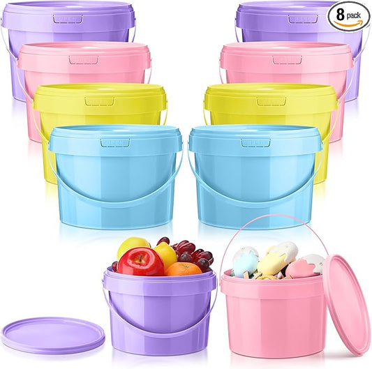 8 Pack 1 Gallon Plastic Bucket with Lids and Handles Food Grade Ice Cream Buckets with Lid Reusable Colorful Multipurpose Food Storage Containers Freeze Safe Ice Cream Tubs for Kitchen