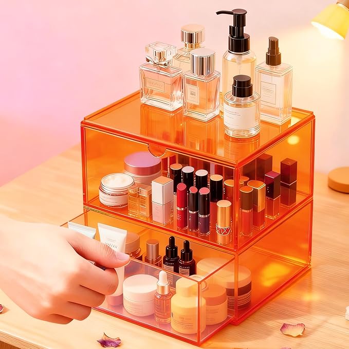 Acrylic Desk Organizer with Drawers Stackable Makeup Organizer for Vanity Office Countertop Cosmetic Display Cases Makeup Storage Box, Neon Orange