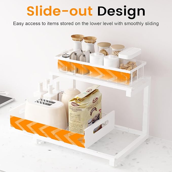 Under Sink Organizer, Heavy Duty Metal Slide Out Sink Shelf Organizer Height Adjustable, Multi-Purpose Storage Shelf for Kitchen Bathroom (White,2Pack)