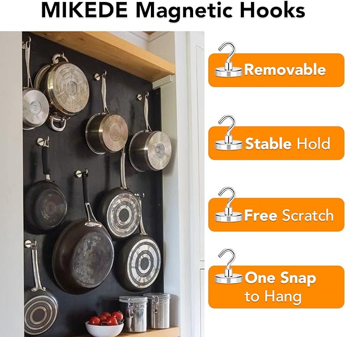 MIKEDE Magnetic Hooks Heavy Duty, 170LB+ Rare Earth Neodymium Magnet Hooks with Epoxy Coating, Extra Strong Cruise Hooks for Hanging, Magnetic Hook Hanger for Cabins, Grill, Garage - 6 Pack