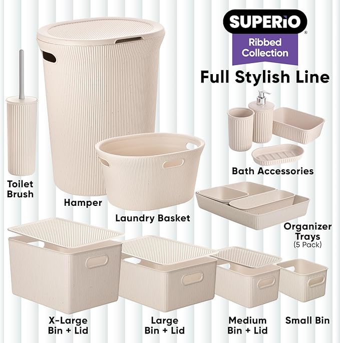Superio Ribbed Collection - Eco-Friendly Decorative Plastic Basket Open Home Storage Bin and Lid, Large (1 Pack) Container Boxes for Organizing Closet Storage Bins for Shelves - 15 Liter/16 Quart