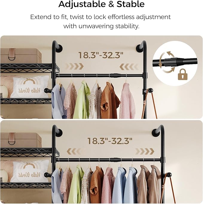 Closet Organizers and Storage, 2-Row Heavy Duty Garment Rack Clothes Rack for Hanging Clothes, Wall Mounted Closet System with 2 Telescopic Rods, 3 Hooks, 6 Shelves for Wardrobe, Bedroom, Small Space