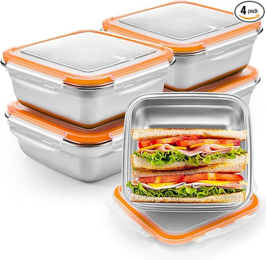 4 Pack Stainless Steel Sandwich Containers with Lids 25.4 oz Metal Food Container for Lunch Boxes with Airtight Silicone Seal for Sandwiches and Snacks(Orange)