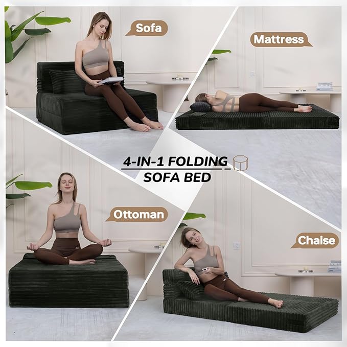 Folding Sofa Bed Twin, Convertible Sleeper Chair Loveseat with Pillow, High-Density Futon Chair Bed, Foldable Sofa Sleeper Floor Couch for Bedroom Living Dorm Guest Room, Charcoal Moss Grey
