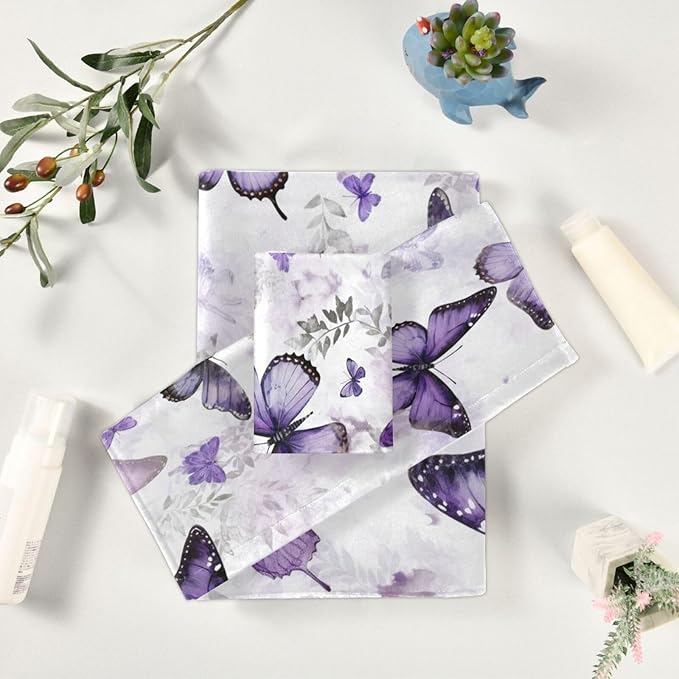 Purple Butterfly Bath Towels Set,Ultra Soft 3 Piece Vintage Watercolor Floral Butterflies Towels for Bathroom,1 Bath Towel 1 Hand Towel 1 Washcloth,Absorbent Decoractive Guest Bathroom Towels