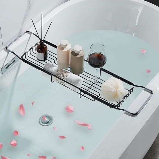Stainless Steel Bathtub Caddy Tray, Expandable Bath Tub Tray Table, Adjustable Bathroom Tray, Bath Organizer Tub Shelf,Black,26.8~35.4in
