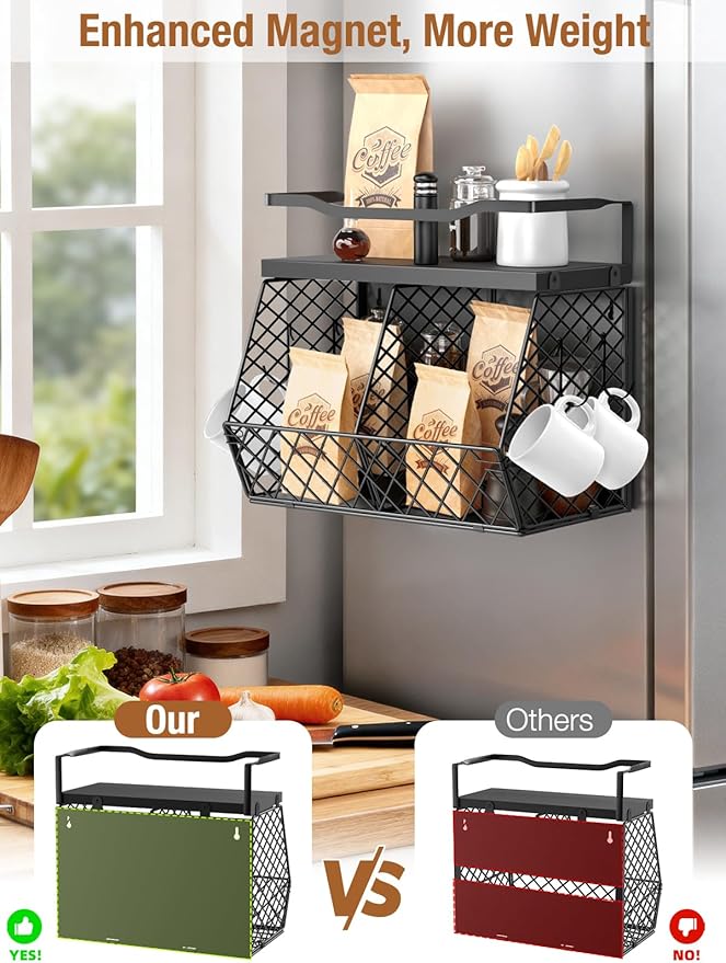 3-in-1 Magnetic Fruit & Vegetable Basket with Spice Rack Shelf for Fridge - Wall Mount Countertop Kitchen Wire Storage Organizer for Produce Potato Onion, Kitchen Essentials and Decor, Black