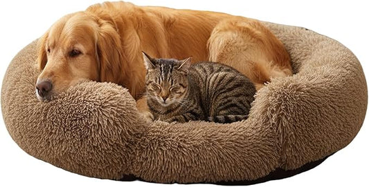 Fluffy Dog Bed Calming Donut Beds for Large Dogs Warming Round Small Medium Pet Nest Cozy Cat Mattress Indoor Washable Puppy Kennel Kittens Sleep Mat (XL, 43.3×43.3 inch, Light Brown)