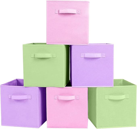 Foldable Fabric Storage Cubes - Cloth Organizer Drawer for Closet & Toys, 6 Pack (Pink, Green, Lavender)