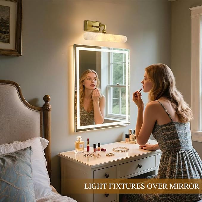 Alabaster Vanity Light, 12in Brass Bathroom Light Fixtures over Mirror, Modern Hardwired Picture Lights for Wall, Dimmable Marble Picture Frame Light for Bedroom, Living Room, Hallway, Artwork Display
