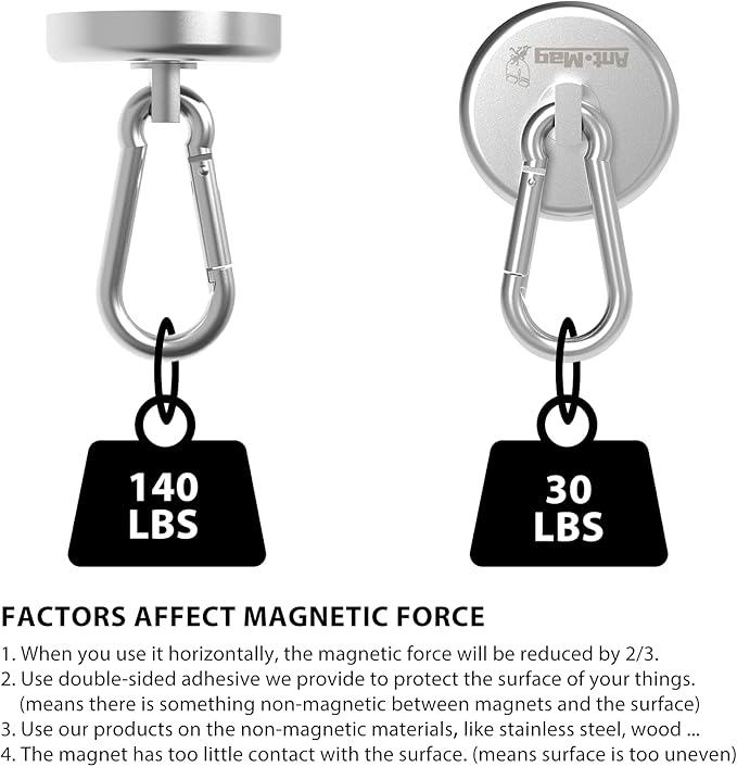 Ant Mag Magnet Hooks Heavy Duty 160LBS Neodymium Magnet with Swivel Carabiner Snap Hook for Indoor/Outdoor Hanging Bag Kitchen Garage Cruise Ship (2 Pack)